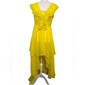 VOILÀ Flowy High Low Hem Draped Bodice Lace Up Ruffle Dress NWT